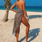 Retro 3 Pieces Thong Bikini Set Swimsuit Women One-shoulder Backless Leopard Print Swimwear with Long Dress Floral Beach Wear