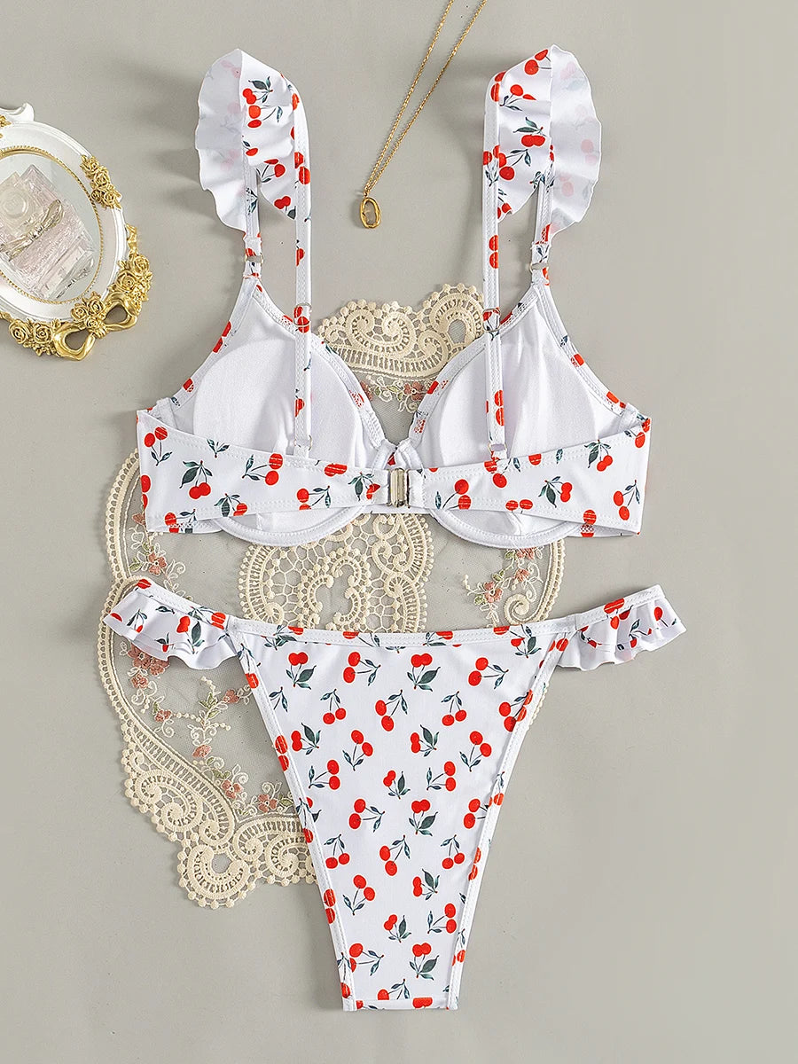 Cherry Printed Underwired V-bar Ruffled Bikini Women Swimwear Female Swimsuit Two-pieces Bikini Set Push Up Bathing Suit Swim