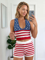 Women Knit 2 Piece Sets for Independence Day Sleeveless V Neck Tank Tops and High Waist Shorts Sets Summer
