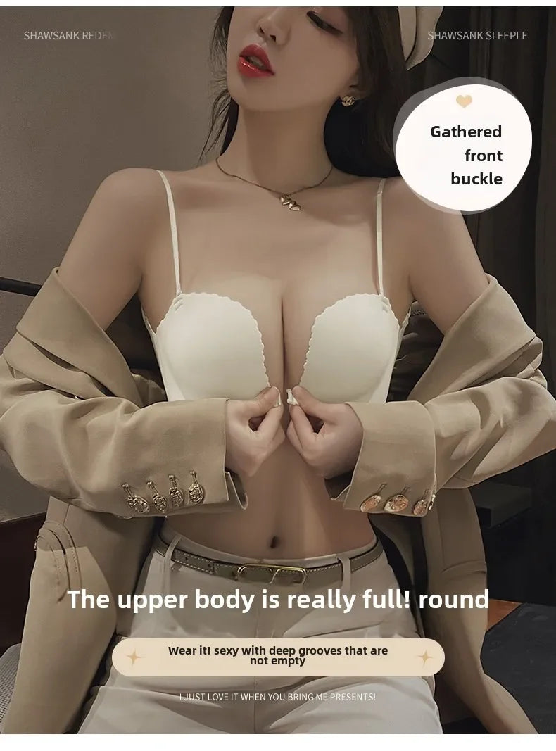 Front Button Underwear Women's Small Chest Pull Up To Show Large Summer Thin Collection Breast Anti-sag White Thin Strap Bra