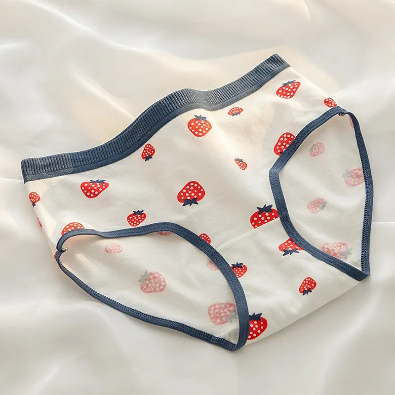 1-Pack Cute Strawberry Print Cotton Panties Sweet Striped Accents Women Low-Rise Underwear Breathable Soft Lingerie M-XL
