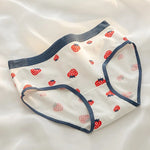 1-Pack Cute Strawberry Print Cotton Panties Sweet Striped Accents Women Low-Rise Underwear Breathable Soft Lingerie M-XL