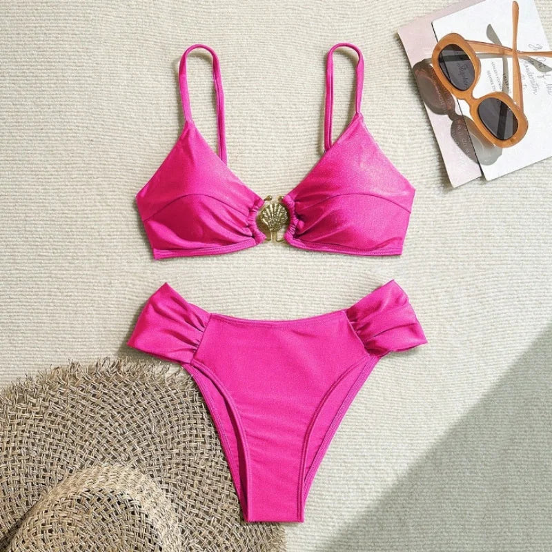 Sexy Pleate High Waist Bikini Set 2026 Women Orange Metal Buckle Push Up Two Piece Swimsuit Beach Bathing Suit Holiday Swimwear