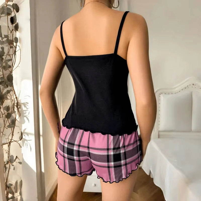 Sexy Nightwear Women's Suspenders Top Plaid Pants Fashion Sleepwear Homewear Two-Piece Set Ladies Pajamas Love Print Loungewear