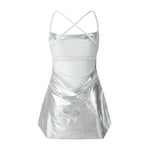 Women Sleeveless Backless Party Club Dress Solid Color Shiny Spaghetti Strap Mini Dress for Cocktail Nightclub Beach