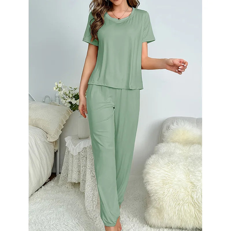 Women's Sleepwear Spring and Summer New Pajamas Women's Short-sleeved Trousers Set Classic Solid Color Casual Loungewear