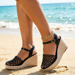 Big Size 43 Mesh Hollow Closed Toe Espadrille Wedge Sandals Women Adjustable Ankle Strap High Heel Summer Boho Beach Shoes
