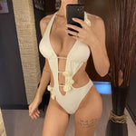 Sexy 3D Flowers Deep V Neck Halter Women Swimwear One Piece Swimsuit Female High Cut Leg Monokini Bather Bathing Suit Swim V6986