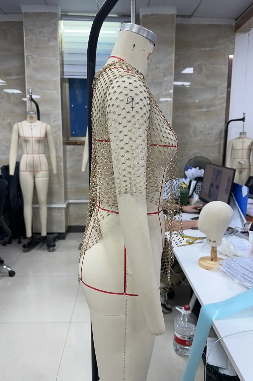 Women's Rhinestone Fishnet Mesh Top Sheer Sparkly One Shoulder Cover Up Crop Top Party Clubwear Festival Night Out Top
