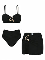 Sexy Detachable Shoulder Bikini Set Women Brown Metal Push Up High Waist Swimsuit 2026 Beach Bathing Suit Skirt 3 Piece Swimwear