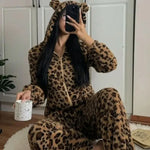 Thickened Coral Fleece Ladies Pajamas Winter Ear Printed Leopard Patterned Sleepwear One-Piece Home Clothes for Women Bodysuit