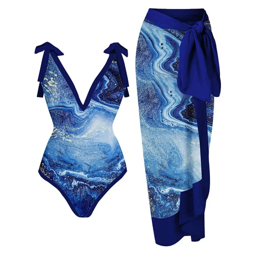 2 Pieces Retro Printed Swimsuit With Cover Up Sexy Women Swimwear 2025 V Neck Bikinis Female Biquini 3XL Bodysuit Beachwear