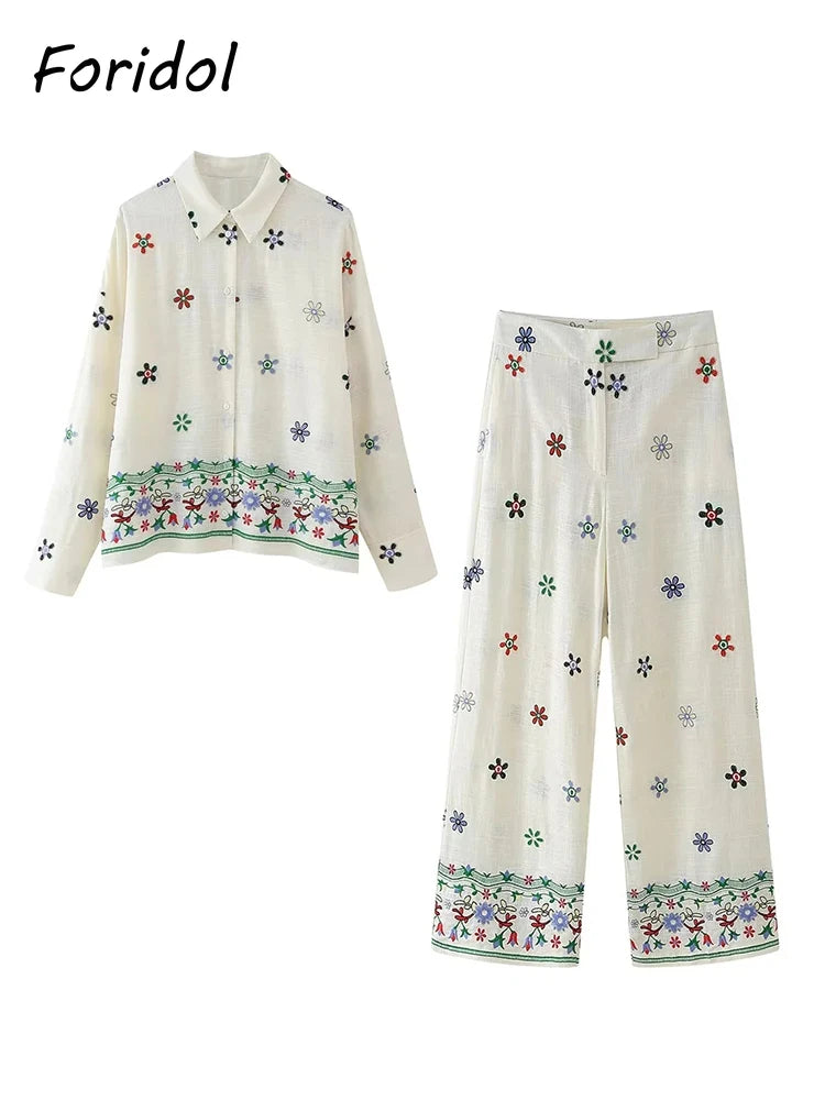 Foridol Floral Embroidery Women Shirt Pants Set Linen 2 Pcs Outfit Female Matching Set Wide Leg Pants Suit 2025 Casual Set