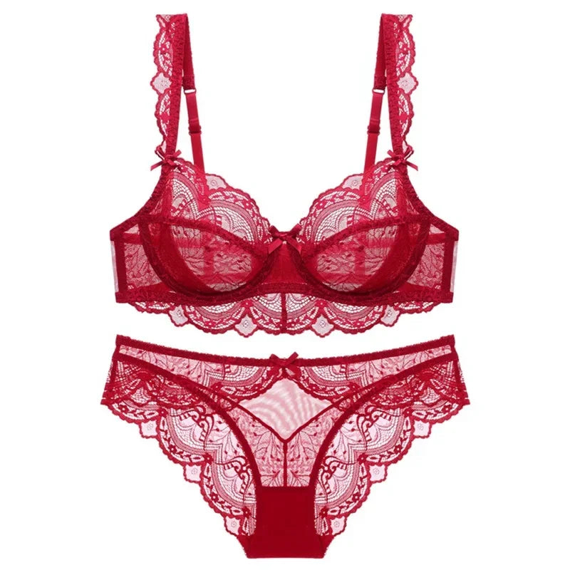 MOYISU Pure Desire Lace Bra Set Women Sexy Anti-Sag Push Up Bralette Sheer Underwear for Big/Small Chest Comfort Support