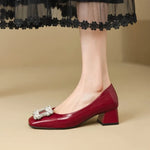 Shallow Mouth Square Toe Rhinestone Square Buckle Single Shoes Women's New Professional Patent Leather Kitten Heel Shoes