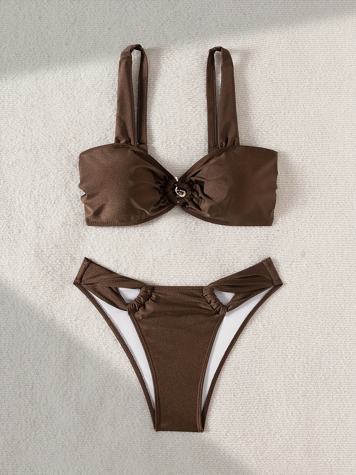 Sexy Brown Bikini 2025 Padded Bandeau Swimsuit Female Swimwear Women Thong Bikinis Set Bather Beachwear Bathing Suit Holiday