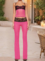 Women’s 2 Piece Sets Summer Sleeveless Lace Patchwork Corset Cami Tops + Pants Sets Mesh Sheer Sexy Party Streetwear