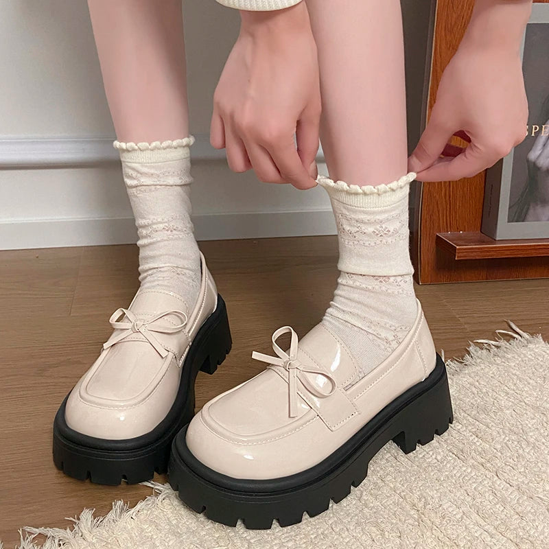 2025 Bowknot Decor Platform Loafers Women Fashion High Heel Jk Pu Leather Shoes Woman Korean Slip On Thick Sole Shoes Female
