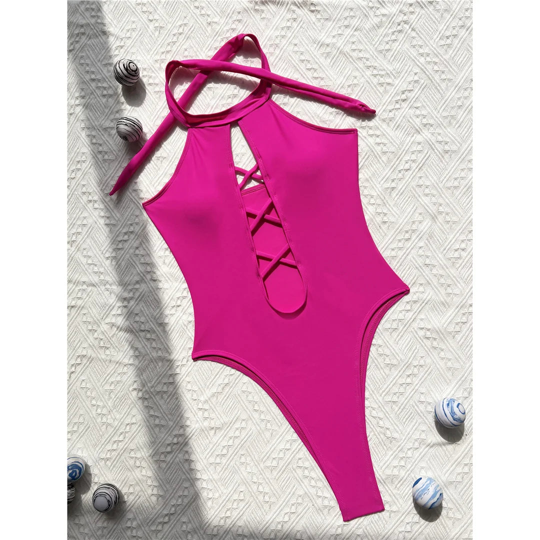 S - XL 7 Colors Lace Up High Neck Full Back Women Swimwear One Piece Swimsuit Female High Leg Cut Bather Bathing Suit Swim V6272