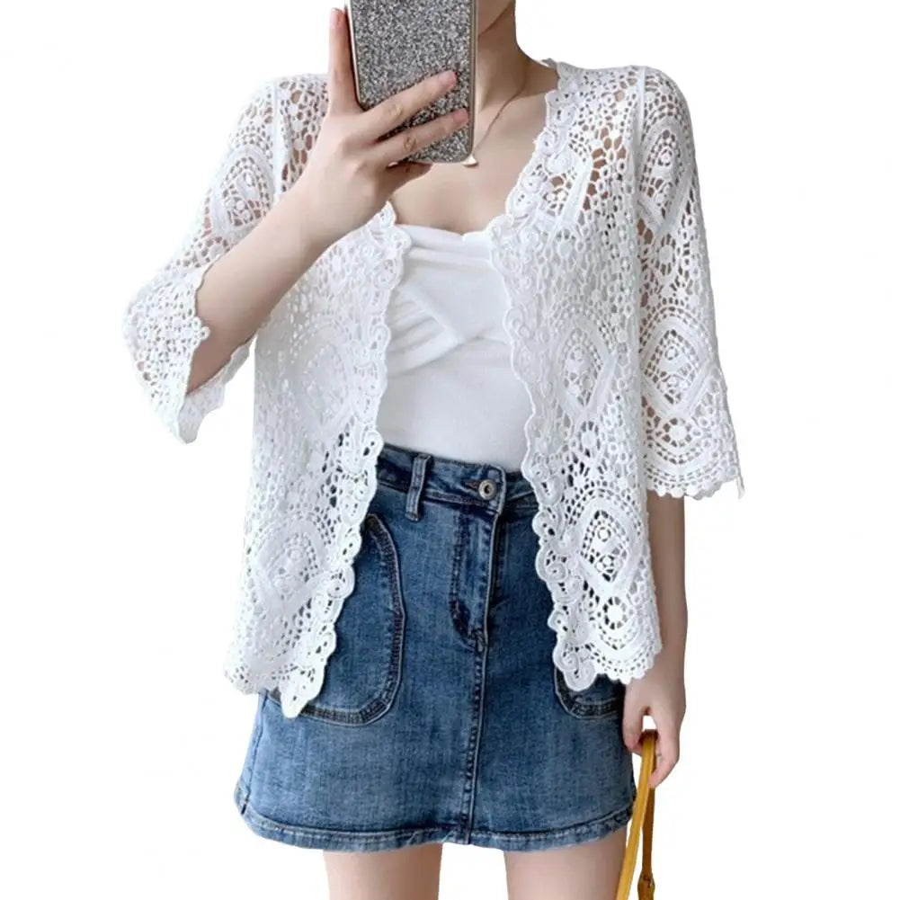 3/4 Sleeve Hollow Out Open Front Sheer Sweater Crochet Cardigan for Women Lightweight Boho Summer Beach Knit Shrug