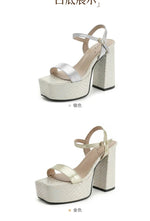 Silver Women Sandals Square Toe 12.5cm High Heel 4.5cm Platform Buckle Strap Large Size 43 44 45 46 Sexy Dating Shoes