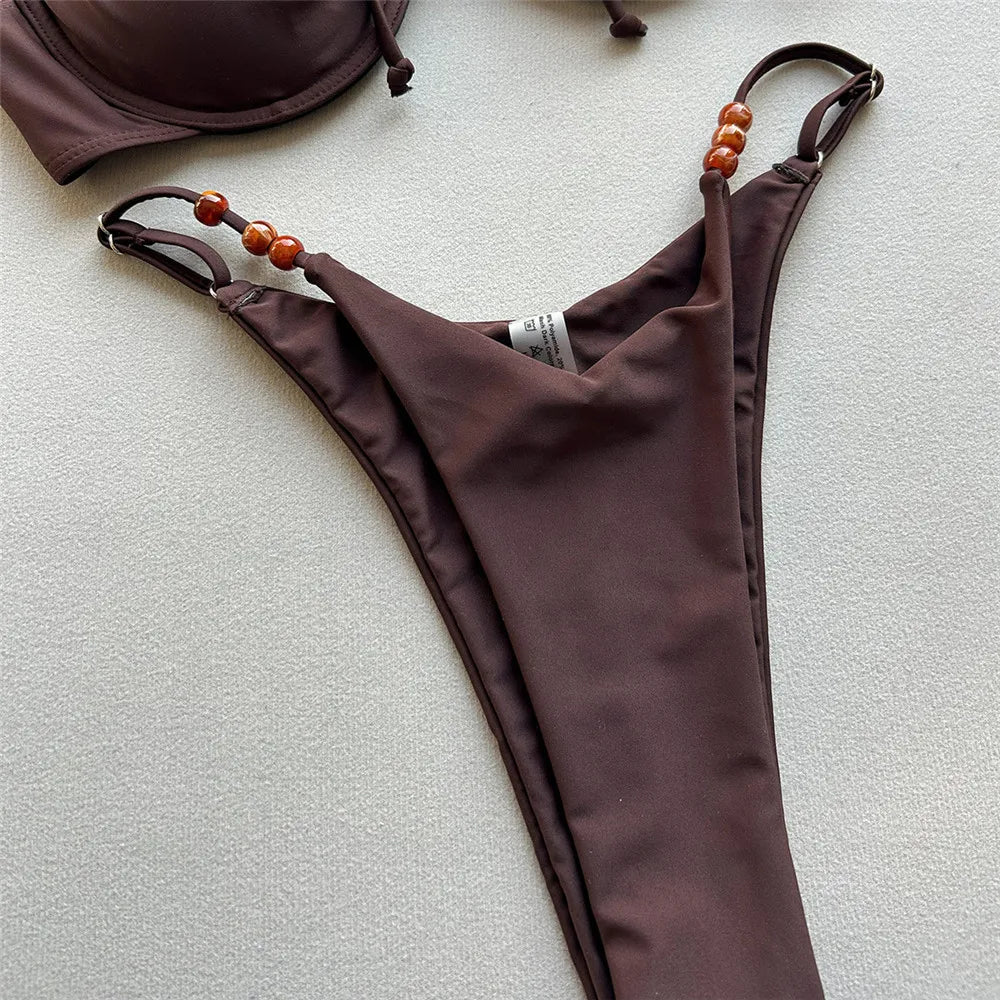 Dark Brown Bead String Swimwear Sexy Push Up Bikinis Sets Micro Thong Swimsuit Women Brazilian Bikini 2026 Mujer Swimming Suit