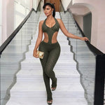 Sexy hot girl solid color see-through slim fit knitted deep V jumpsuit