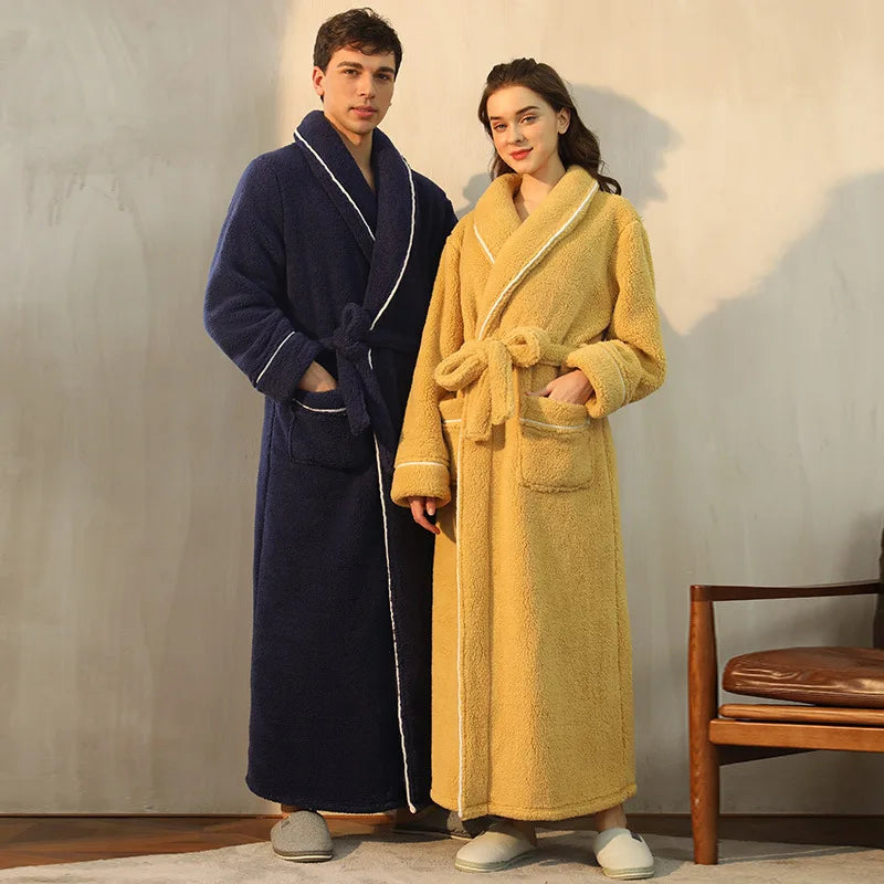 Men's and Women's Styles Winter Bathrobe Long Sleeve Warm Turn Down Collar Fluffy Bath Robe with Sashes Solid Fleece Gown 2025