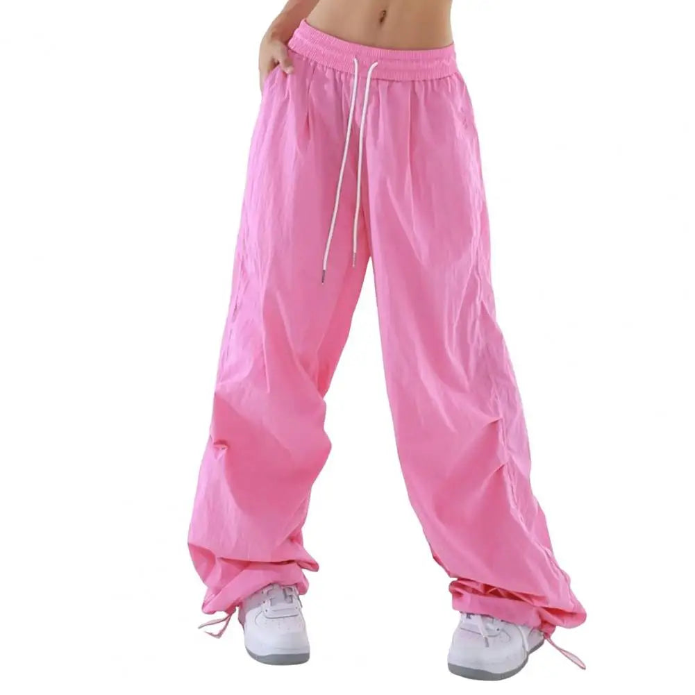Women Sport Pants Wide Leg Elastic Waist Adjustable Drawstring Long Pants Solid Color Leisure Travel Cargo Trousers
