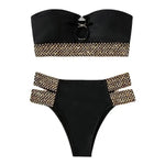 2Pcs/Set Women Bikini Set Ring Connection Off Shoulder Bathing Suit Elastic Waistband Backless High Cut Lady Beach Bikini Suit