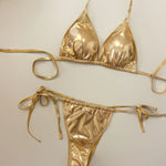 Women Metallic Glitter Pink Gold Micro Mini String Bikini Sets 4 Pieces with Mesh Cover Tops and Mini Skirt Swimsuit Biquini