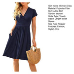 Women Dress Short Sleeve V-Neck Flowy Dress Casual Pleated A-line Swing Dress with Pockets Summer Beach Sundress