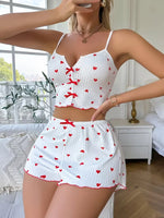 Summer Women Sleepwear Heart Pattern Printed Pajama Set,Casual Knit Fabric Crop Tops and Shorts Loungewear Home Clothes