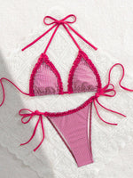 Sexy Pink Plaid Micro Bikini 2026 Women Lace Trim Push Up Bra Triangle Swimsuit Brazilian Summer Bathing Suit Holiday Swimwear
