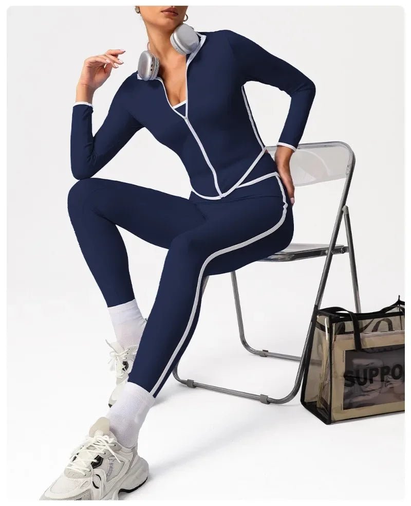 Women's Yoga Top Color-Block Zipper Stand Collar Bare Jacket Autumn Winter Outerwear Running Fitness Long Sleeve Coat
