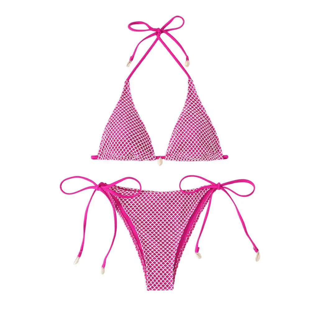 2Pcs/Set Women Bikini Set Chest Pad Push Up Halter Neck Bra Adjustable Side Straps Swimming Briefs Set Lady Mesh Summer Swimwear