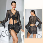 Summer Sleepwear Starry Sky Mesh Pajamas Set Women Flared Sleeve V-Neck Crop Top+Drawstring Bodycon Skirt 2 Pieces Shiny Pajamas