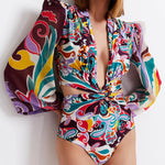 One Piece Swimsuit Sexy Long Sleeve Tropical Print Swimwear Women Bandage Monokini Hollow Out Bathing Suit String Beachwear 2023