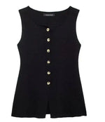 Women's Sleeveless Knit Top With Metal Buttons White Sleeveless Button Down Vest And Maxi Skirt Two Piece Set For Women S7XY