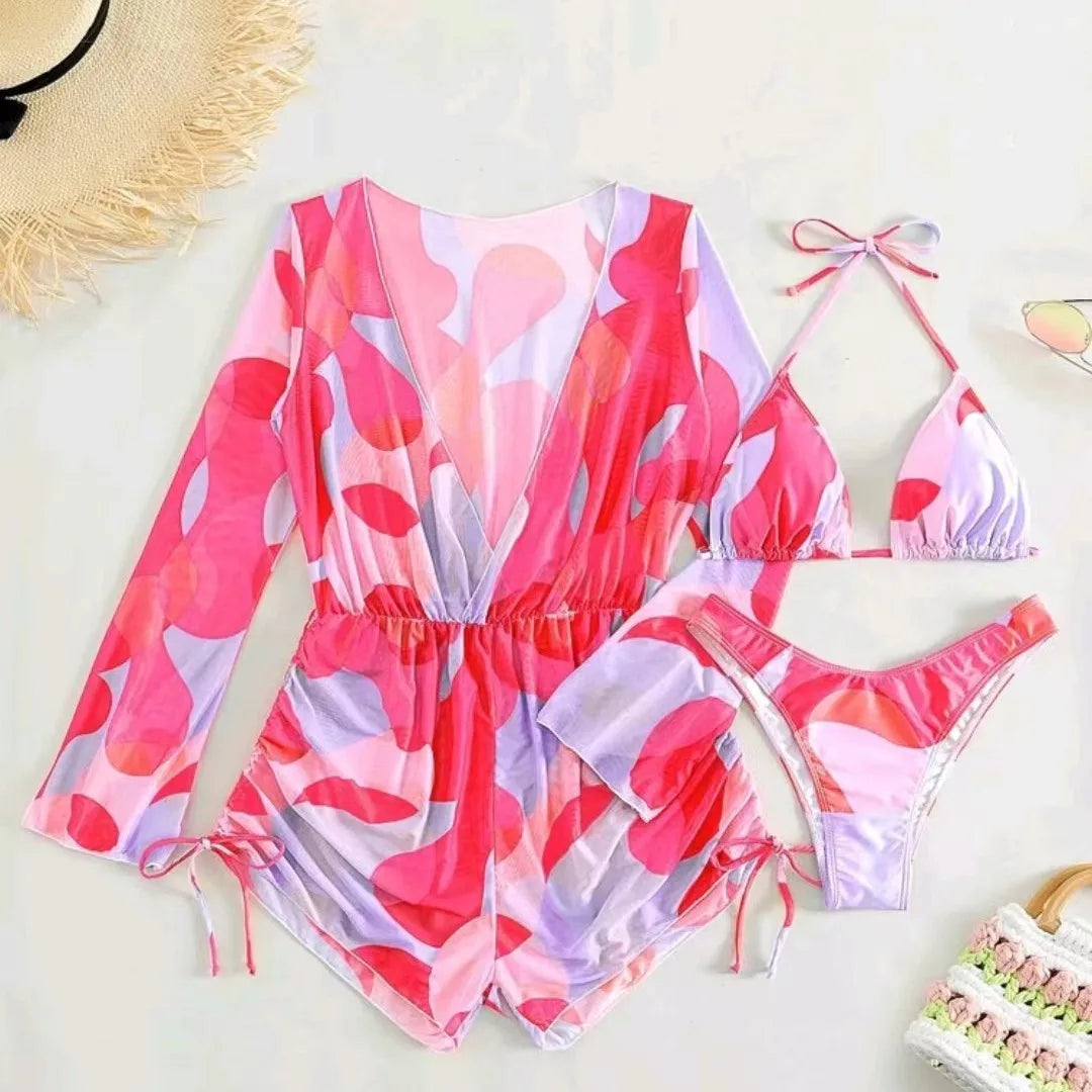 2024 New Swimsuit 3 Pcs Set Thong Bikini with Rompers Womens Jumpsuit Beach Wear Print Swimwear Sexy Bathing Suit Pool Beachwear