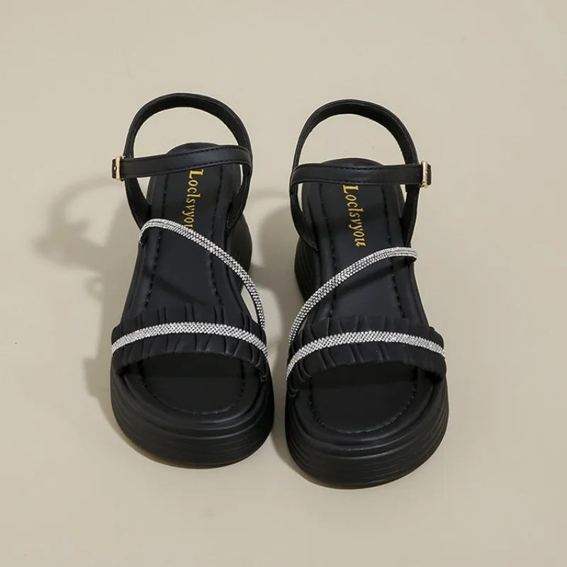 2026 Buckle Strap Chunky Sandals Women Summer High Platform Wedges Slippers Woman Bling Decoration Thick Bottom Slides Pumps