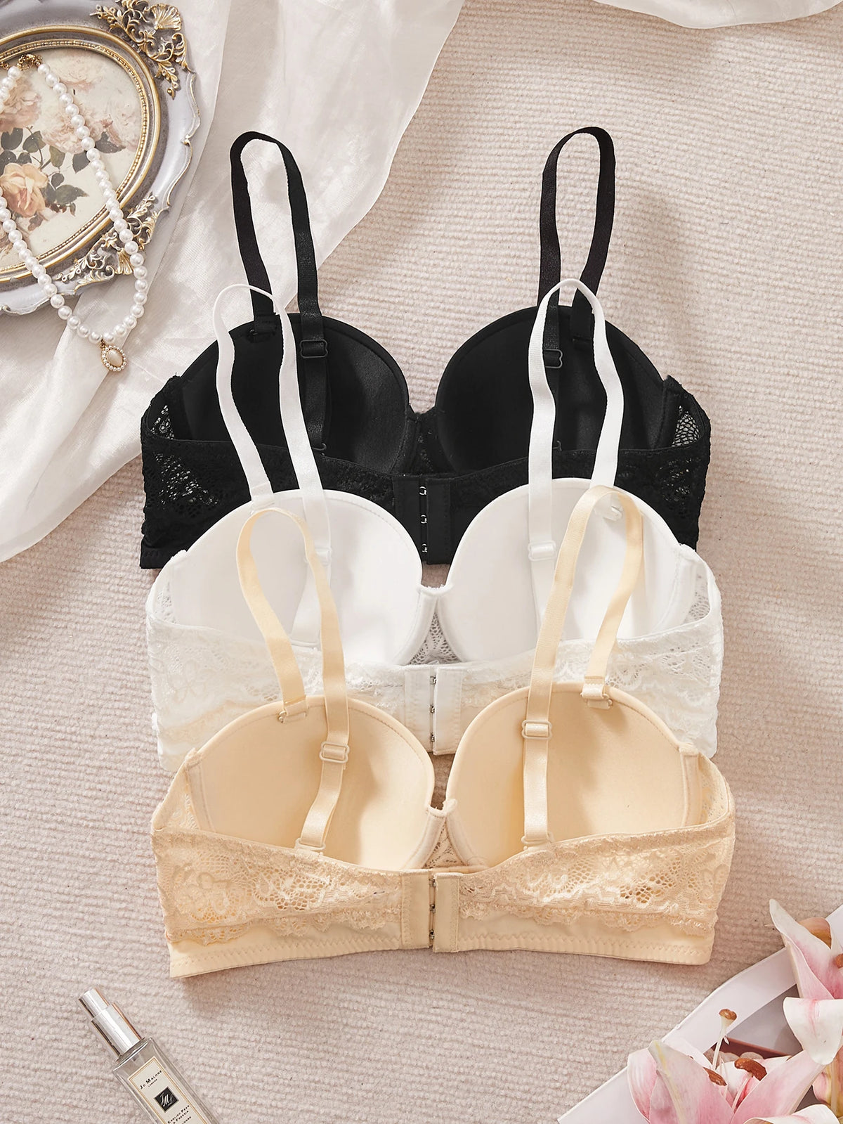 3PCS Women Demi Cup Lace Bra Detachable Straps Underwire Push Up Brassiere Sexy Stylish Strapless Lingerie