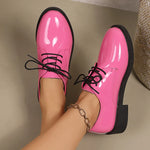 Pink Patent Leather Oxford Shoes Women Fashion Lace Up Pointed Toe Med Heel Pumps Woman Plus Size 43 Thick Heels Office Shoes