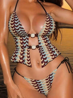 DEKA Sexy Coffee Striped Bikini Set Women Beaded String Hollow Out Crop Top Thong Swimsuit Summer Bathing Suit