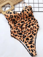 Push Up Bra Cup Leopard Scrunched Women Bandeau Swimwear One Piece Swimsuit Female Monokini High Cut Bathing Suit Swim Bodysuit