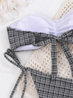 Sexy Bandeau Micro Bikini 2026 Women Bow Black Plaid Print Pleat Push Up Bra Bandage Thong Swimsuit Summer Bathing Suit Swimwear