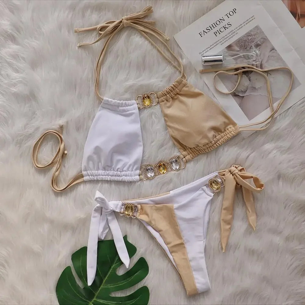 Splicing Halter Jewelled Diamond Bikini 2025 Women Swimsuit Female Swimwear Two Pieces Bikini Set Hollow Out Bathing Suit Swim