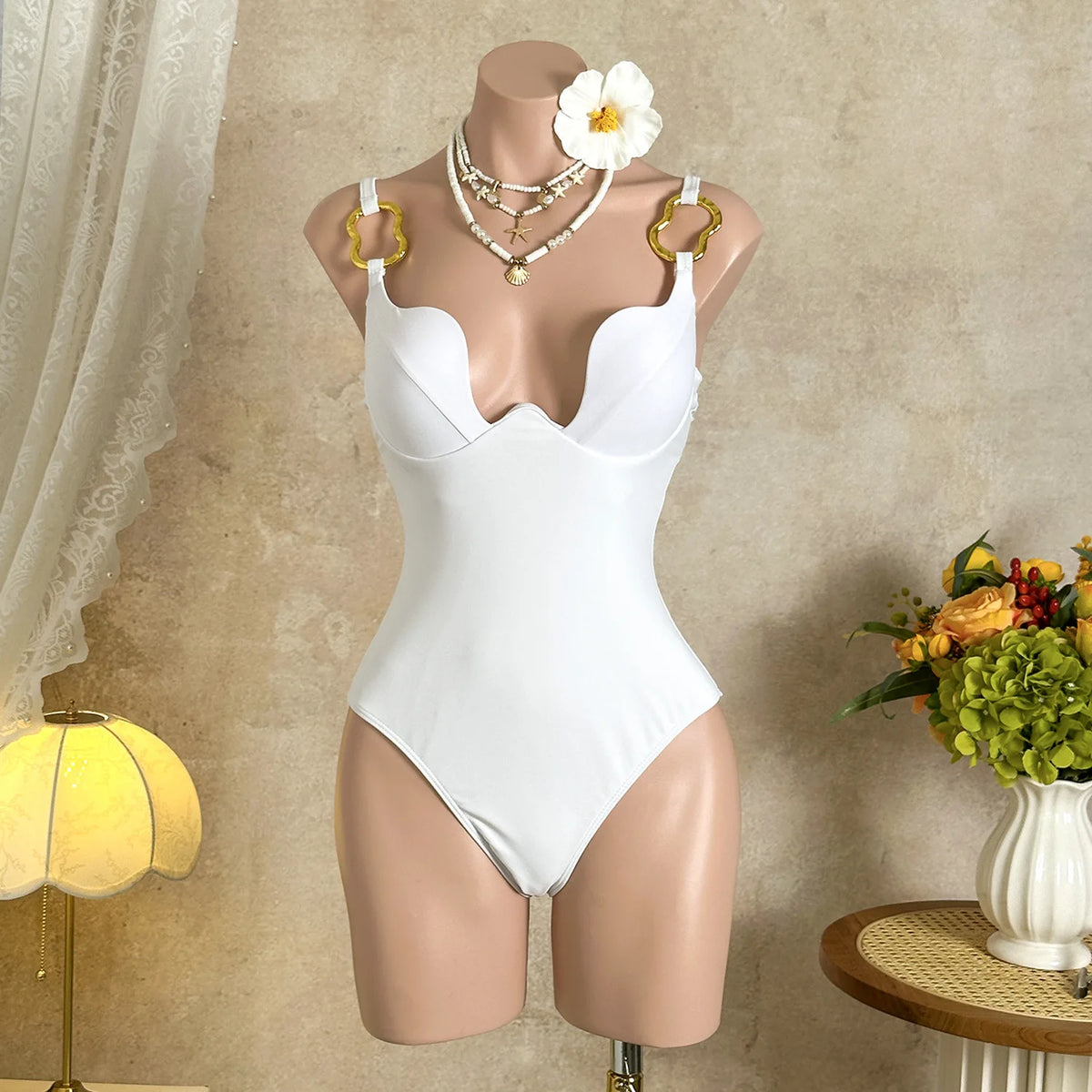 Sexy Mesh Skirt Swimwear Sets Women 2026 New Metal Strap Shell Underwire Tummy Control One Piece Swimsuit Bathing Suits Monokini