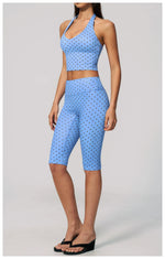 New Summer Women White Polka Dot Print Yoga Sets Hanging Neck Slim Sport Vest High Waist Mid Pants Gym Two-piece Workout Clothes