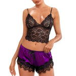 Women Pajama Set Lace Pajama Top Satin Shorts With Black Silk Bow And Lace Trim Sexy Lace Camisole Set Ladies Sleepwear Outfit